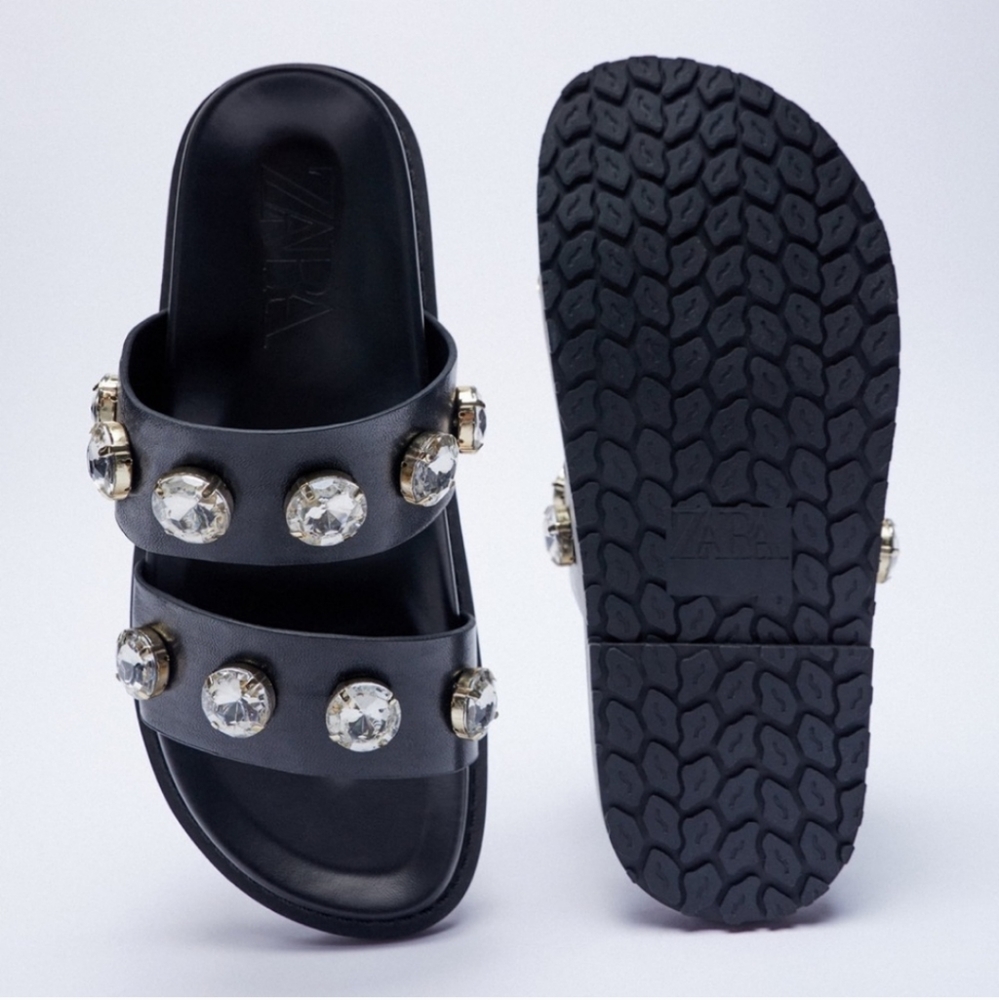 ZARA * SPARKLY Rhinestone Jewel LOW HEELED SANDALS Black - Picture 2 of 5